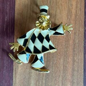 Harlequin Clown Brooch in Black and Gold